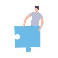 Man Connecting Puzzle Elements, Guy Holding Big Blue Jigsaw Piece Assembling Abstract Puzzle, Solving Difficult Problem Cartoon Style Illustration vector