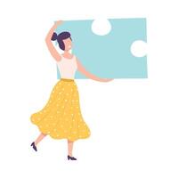 Young Woman Connecting Puzzle Elements, Girl Holding Big Jigsaw Piece Assembling Abstract Puzzle Cartoon Style Illustration vector