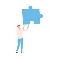 Man Holding Puzzle Element, Guy Holding Big Jigsaw Piece Assembling Abstract Puzzle, Solving Difficult Problem Cartoon Style Illustration vector