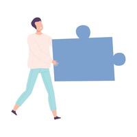 Young Man Connecting Puzzle Elements, Person Holding Big Jigsaw Piece Assembling Abstract Puzzle, Solving Difficult Problem Cartoon Style Illustration vector