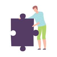 Man Connecting Purple Puzzle Element, Guy Holding Big Jigsaw Piece Assembling Abstract Puzzle Cartoon Style Illustration vector