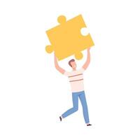 Man Holding Puzzle Element over his Head, Guy Holding Big Jigsaw Piece Assembling Abstract Puzzle, Solving Difficult Problem Cartoon Style Illustration vector