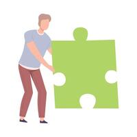 Man Connecting Green Puzzle Element, Guy Holding Big Jigsaw Piece Assembling Abstract Puzzle Cartoon Style Illustration vector