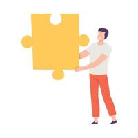 Man Connecting Yellow Puzzle Element, Guy Holding Big Jigsaw Piece Assembling Abstract Puzzle Cartoon Style Illustration vector