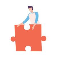 Young Man Connecting Puzzle Element, Guy Holding Big Red Jigsaw Piece Assembling Abstract Puzzle Cartoon Style Illustration vector