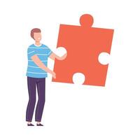 Man Connecting Red Puzzle Element, Guy Holding Big Jigsaw Piece Assembling Abstract Puzzle Cartoon Style Illustration vector