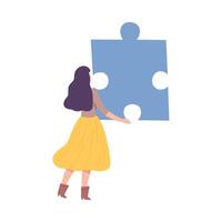 Back View of Young Woman Connecting Puzzle Elements, Girl Holding Big Jigsaw Piece Assembling Abstract Puzzle em Cartoon Style Illustration vector