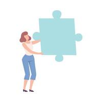 Girl Connecting Puzzle Element, Person Holding Big Jigsaw Piece Assembling Abstract Puzzle Cartoon Style Illustration vector