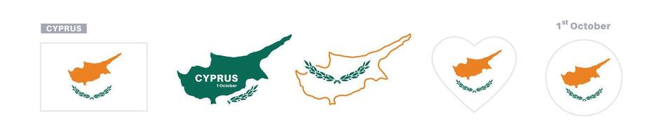 cyprus flag and map set. cyprus flag in official colors and proportions. independence day 1 october, map, circle and heart shaped cyprus vector