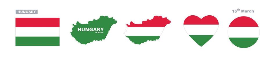 hungary flag and map set. hungary flag in official colors and proportions. independence day 15 march, map, circle and heart shaped hungary vector