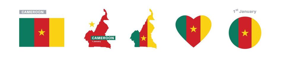 cameroon flag and map set. cameroon flag in official colors and proportions. independence day 1 january, map, circle and heart shaped cameroon vector