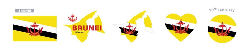 brunei flag and map set. brunei flag in official colors and proportions. independence day 23 february, map, circle and heart shaped brunei vector
