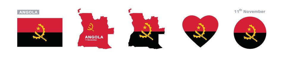 angola flag and map set. angola flag in official colors and proportions. independence day 11 november, map, circle and heart shaped angola vector