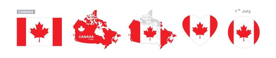 canada flag and map set. canada flag in official colors and proportions. independence day 1 july, map, circle and heart shaped canada vector