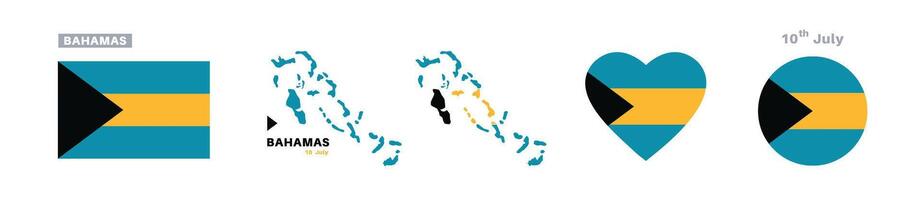 bahamas flag and map set. bahamas flag in official colors and proportions. independence day 10 july, map, circle and heart shaped bahamas vector