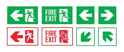 set emergency exit signs, fire exit icons and directions vector