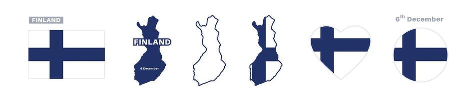 finland flag and map set. finland flag in official colors and proportions. independence day 6 december , map, circle and heart shaped finland vector
