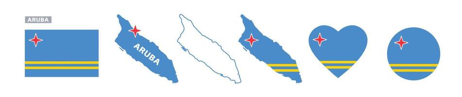 aruba flag and map set. aruba flag in official colors and proportions. independence day, map, circle and heart shaped aruba vector