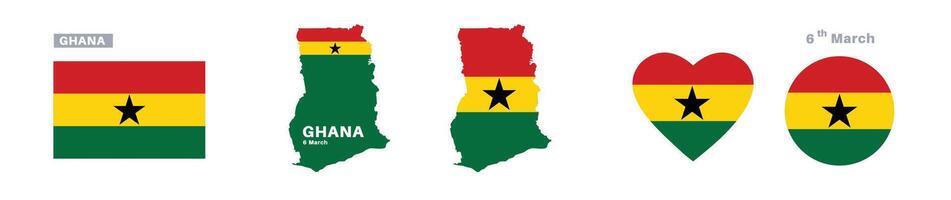 ghana flag and map set. ghana flag in official colors and proportions. independence day 6 march, map, circle and heart shaped ghana vector