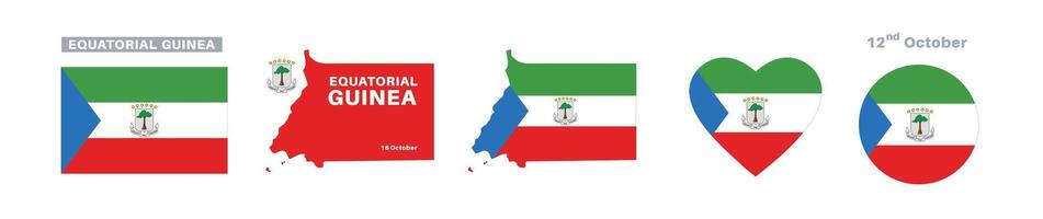 equatorial guinea flag and map set. equatorial guineaflag in official colors and proportions. independence day 12 october, map, circle and heart shaped equatorial guinea vector