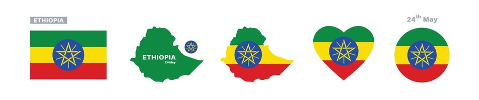 ethiopia flag and map set. ethiopia flag in official colors and proportions. independence day 24 may, map, circle and heart shaped ethiopia vector