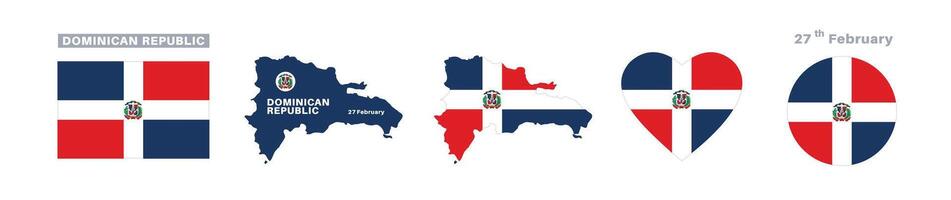 dominican republic flag and map set. dominican republic flag in official colors and proportions. independence day 27 february, map, circle and heart shaped dominican republic vector