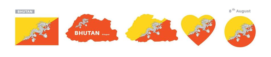 bhutan flag and map set. bhutan flag in official colors and proportions. independence day 8 august , map, circle and heart shaped bhutan vector