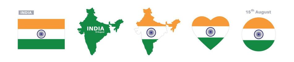 india flag and map set. india flag in official colors and proportions. independence day 15 august, map, circle and heart shaped india vector