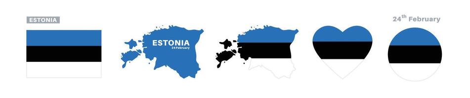 estonia flag and map set. estonia flag in official colors and proportions. independence day 24 february , map, circle and heart shaped estonia vector