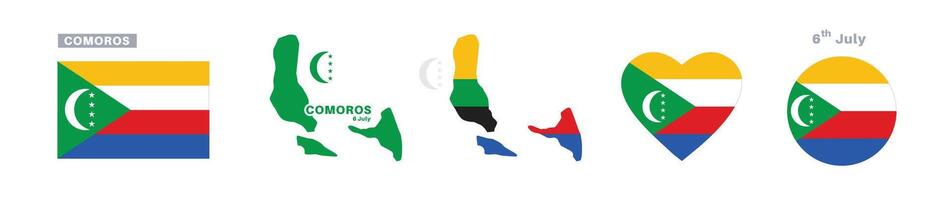 comoros flag and map set. comoros flag in official colors and proportions. independence day 6 july, map, circle and heart shaped comoros vector