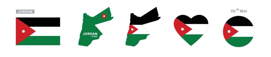 jordan flag and map set.jordan flag in official colors and proportions. independence day 25 may , map, circle and heart shaped jordan vector