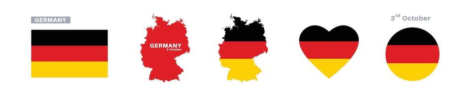 germany flag and map set. germany flag in official colors and proportions. independence day 3 october, map, circle and heart shaped germany vector