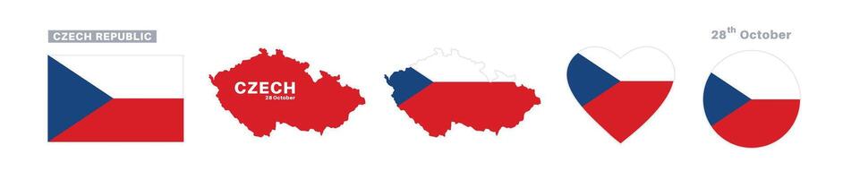czech republic flag and map set. czech flag in official colors and proportions. independence day 28 october, map, circle and heart shaped czech vector