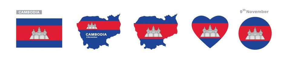 cambodia flag and map set. cambodia flag in official colors and proportions. independence day 9 november, map, circle and heart shaped cambodia vector