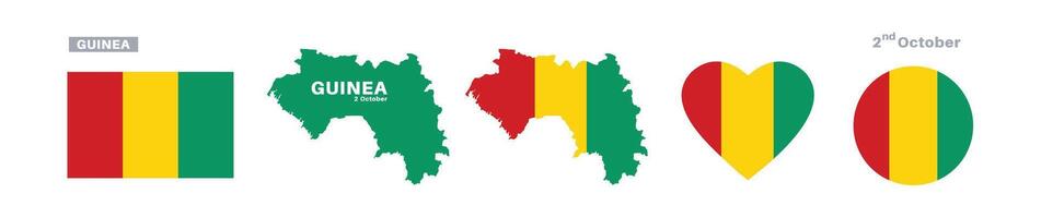 guinea flag and map set. guinea flag in official colors and proportions. independence day 2 october, map, circle and heart shaped guinea vector