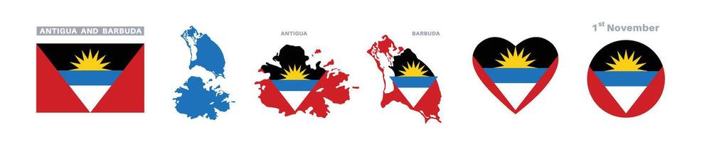 antigua and barbuda flag and map set. flag in official colors and proportions. independence day 1 november, map, circle and heart shaped antigua and barbuda vector