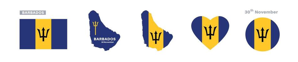 barbados flag and map set. barbados flag in official colors and proportions. independence day 30 november, map, circle and heart shaped barbados vector