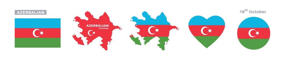 azerbaijan flag and map set. azerbaijan flag in official colors and proportions. independence day 18 october, map, circle and heart shaped azerbaijan vector