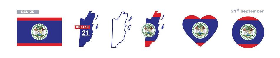 belize flag and map set. belize flag in official colors and proportions. independence day 21 september , map, circle and heart shaped belize vector