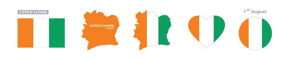 cote dlvoire flag and map set. cote dlvoire flag in official colors and proportions. independence day 7 august, map, circle and heart shaped cote dlvoire vector