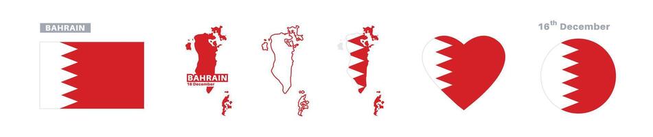 bahrain flag and map set. bahrain flag in official colors and proportions. independence day 16 december, map, circle and heart shaped bahrain vector