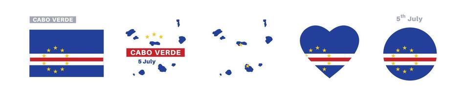 cabo verde flag and map set. cabo verde flag in official colors and proportions. independence day 5 july , map, circle and heart shaped cabo verde vector