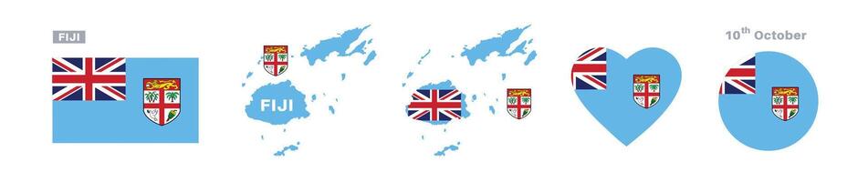 FIJI flag and map set. FIJI flag in official colors and proportions. independence day 10 OCTOBER, map, circle and heart shaped FIJI vector