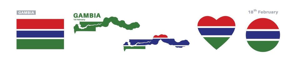 gambia flag and map set. gambia flag in official colors and proportions. independence day 18 february, map, circle and heart shaped gambia vector