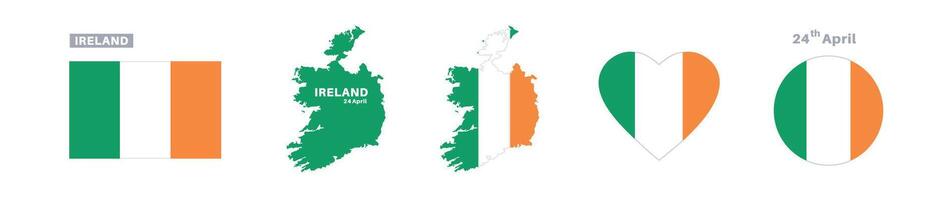 ireland flag and map set. ireland flag in official colors and proportions. independence day 24 april , map, circle and heart shaped ireland vector