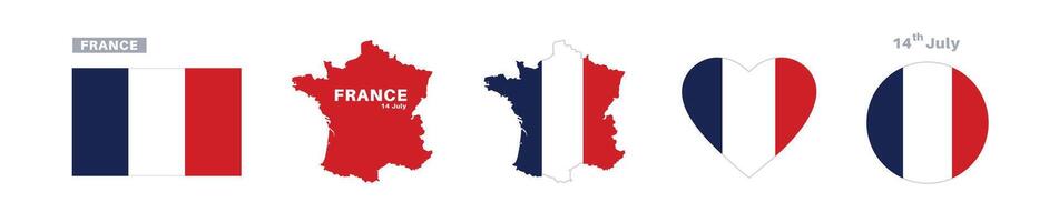 france flag and map set. france flag in official colors and proportions. independence day 14 july , map, circle and heart shaped france vector
