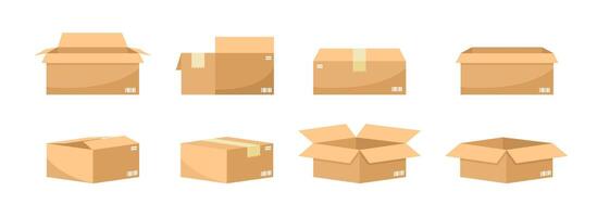 set of cardboard box mockups in various conditions. Open and closed cardboard boxes with various angles vector