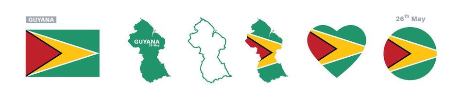 guyana flag and map set. guyana flag in official colors and proportions. independence day 26 may, map, circle and heart shaped guyana vector