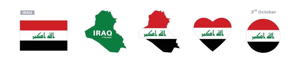 iraq flag and map set. iraq flag in official colors and proportions. independence day 3 october , map, circle and heart shaped iraq vector