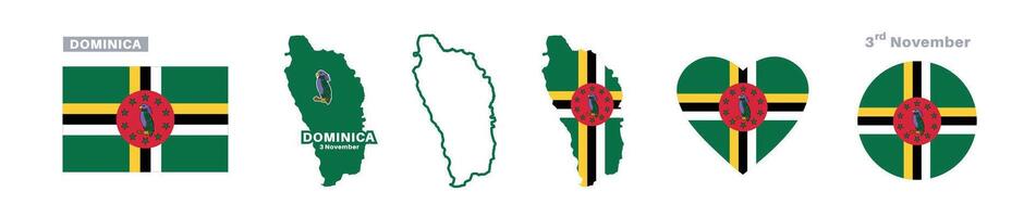 dominica flag and map set. dominica flag in official colors and proportions. independence day 3 november , map, circle and heart shaped dominica vector